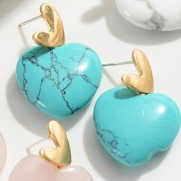 Natural Stone Heart Drop Earrings Turquoise - Picture 2 of 3